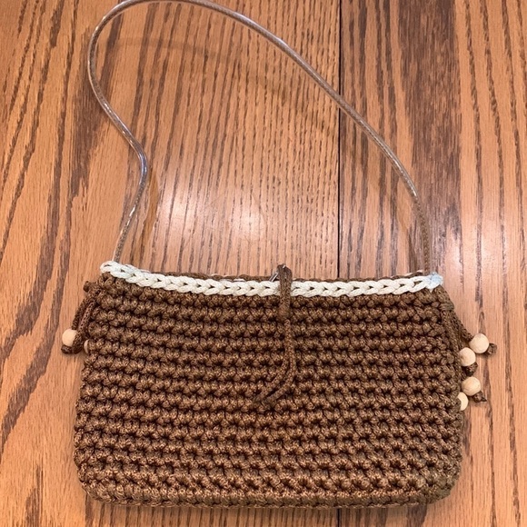 Macrame handbag  everyday use butterfly accents brown and pinks lined with strap - Picture 2 of 10